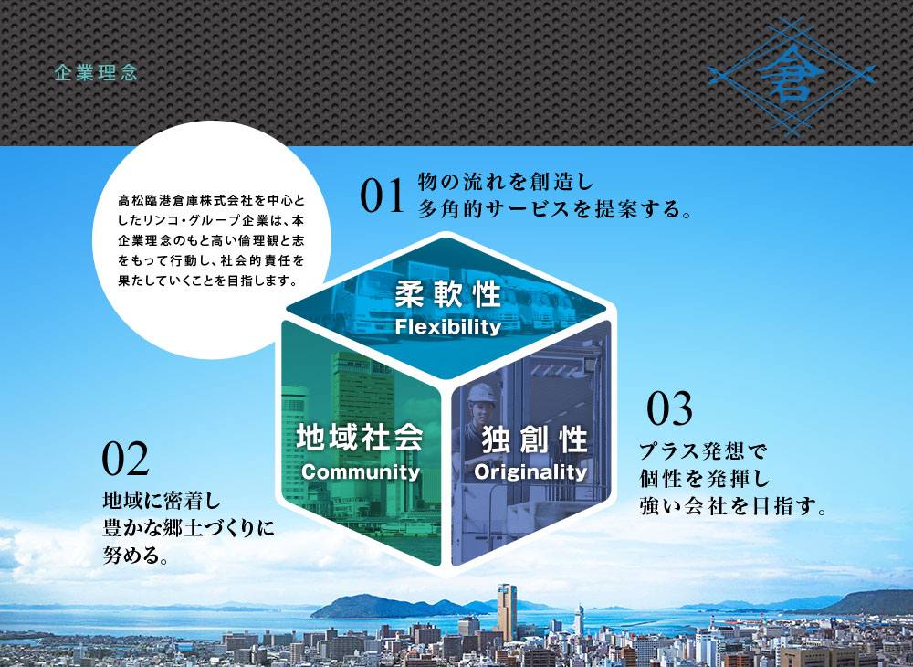 高松臨港倉庫株式会社を中心としたリンコ・グループ企業は、本企業理念のもと高い倫理観と志をもって行動し、社会的責任を果たしていくことを目指します。